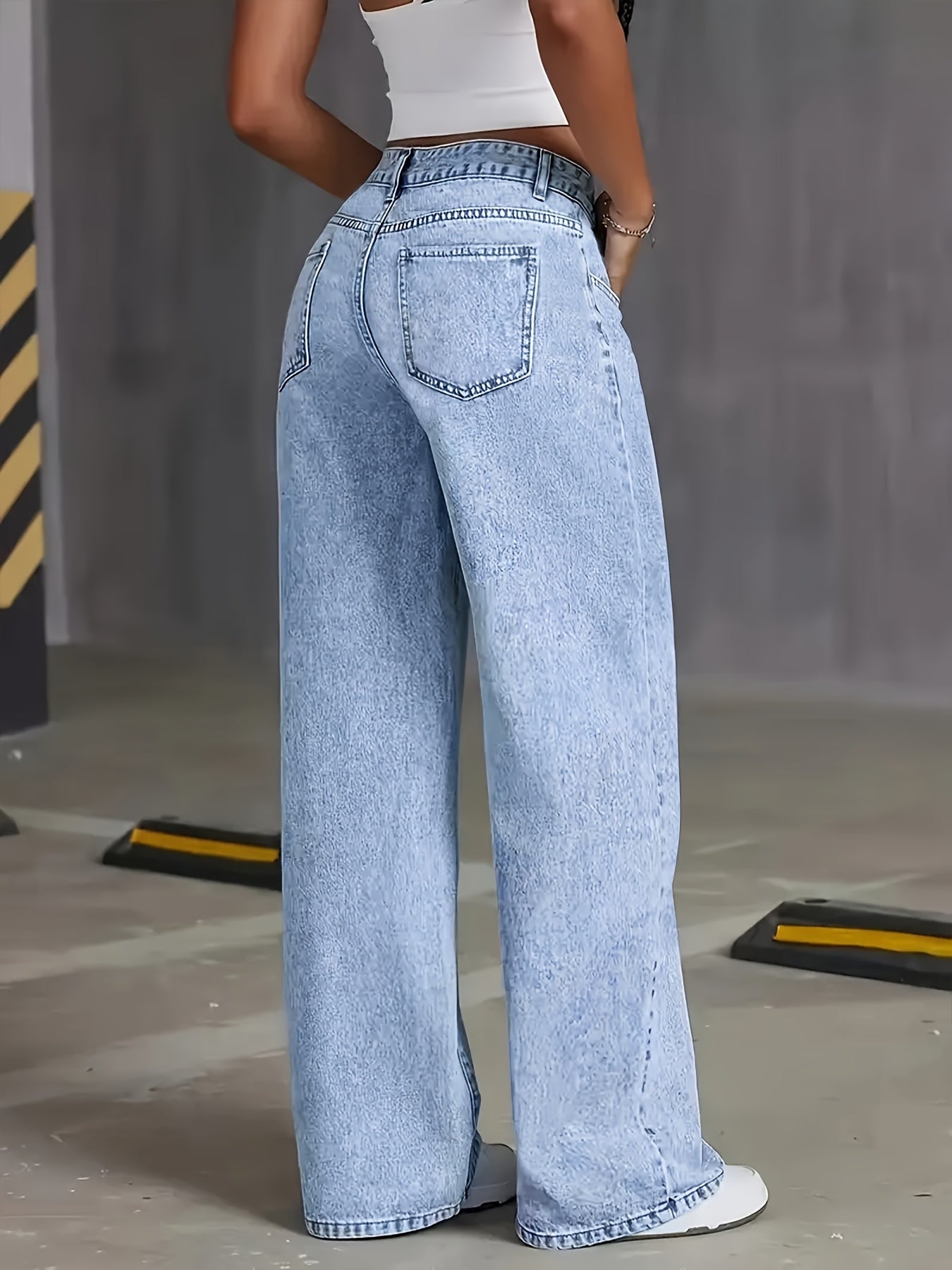 Women's New Stretch Loose Wide Leg Straight Jeans. Acid Wash Light Blue Casual Pants