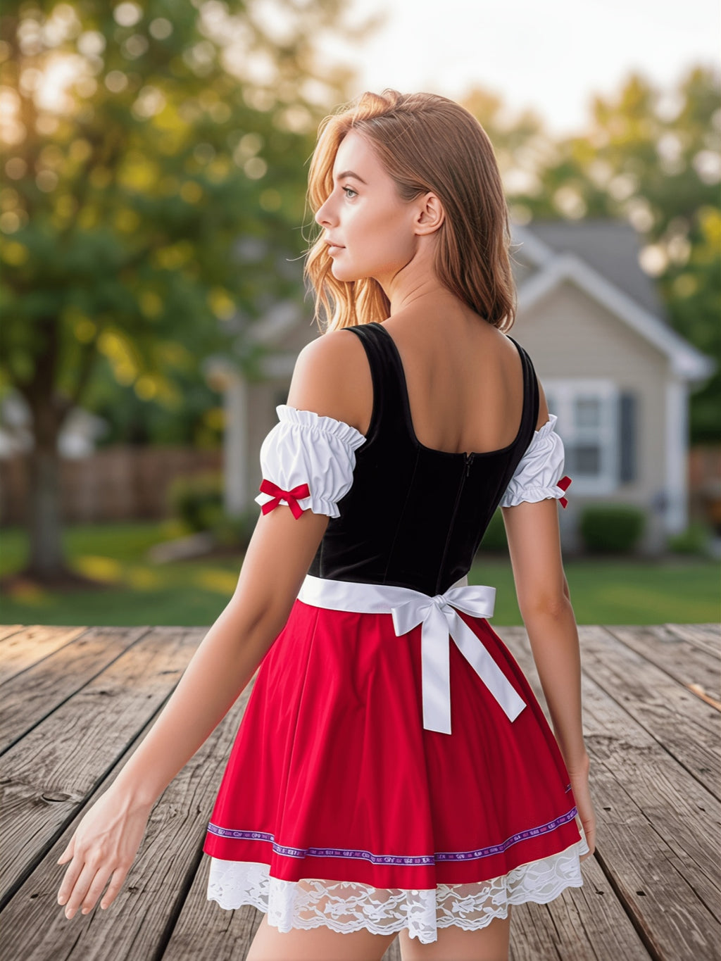 Off-Shoulder Festival  Dirndl Short Skirt Black Red Contrast Tie-Up Lace Apron