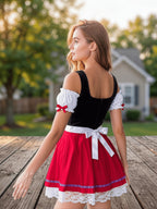 Off-Shoulder Festival  Dirndl Short Skirt Black Red Contrast Tie-Up Lace Apron