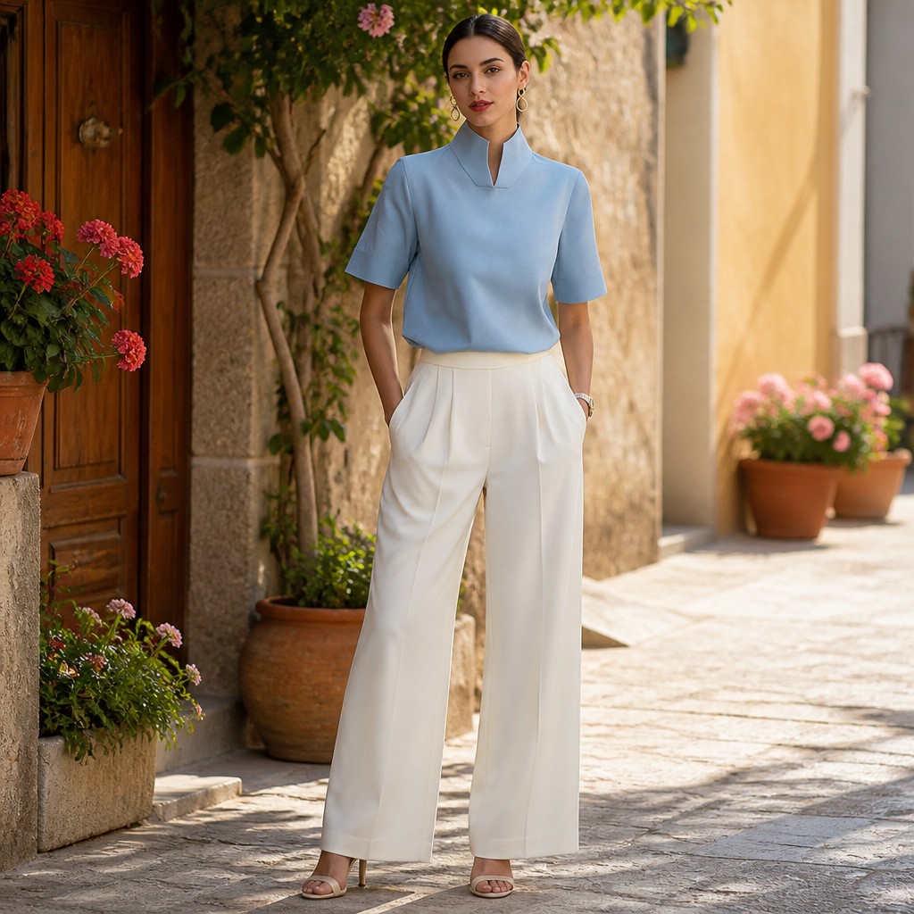 Women's Stand Up Collar Minimalist Textured Blouse | Lightweight Blouse