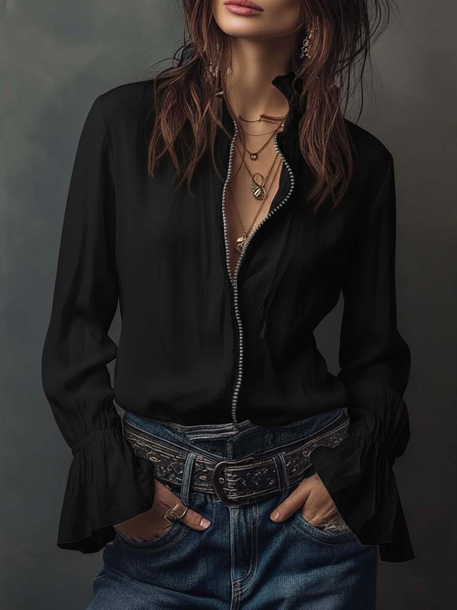 Women's Blouse with Zipper, Convertible Neckline and Ruffle Cuffs - Black