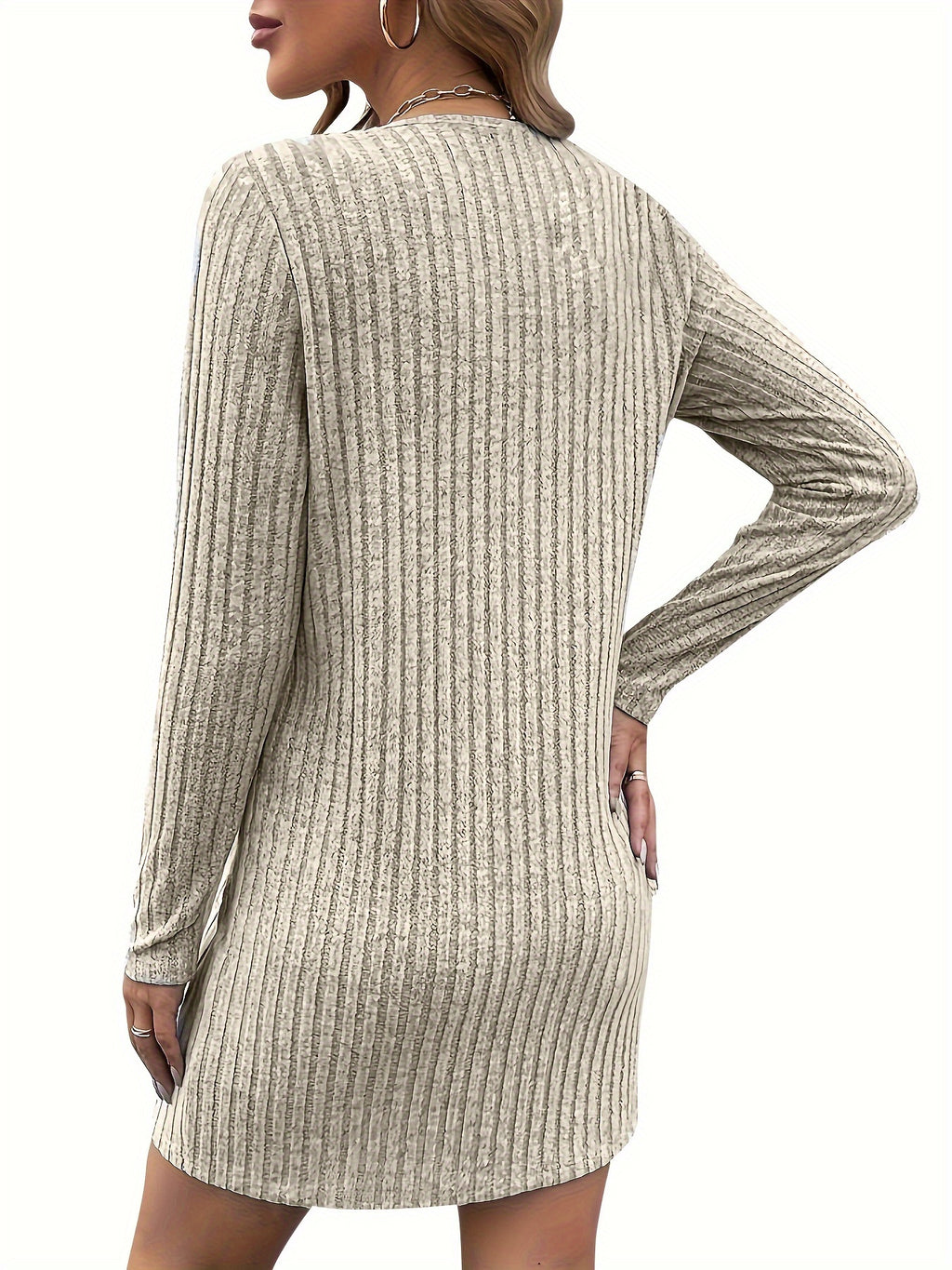 Solid Color Ribbed Dress Long Sleeve Bodycon Sweater Dress