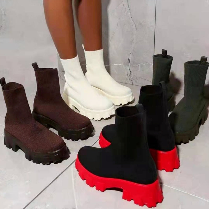 Women's Thick soled Boots, Knitted Round Toe Shoes, Casual Shoes