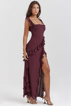 Women's Summer Ruffle Dress, Long with Front Slit, Floor-Length - Bordeaux