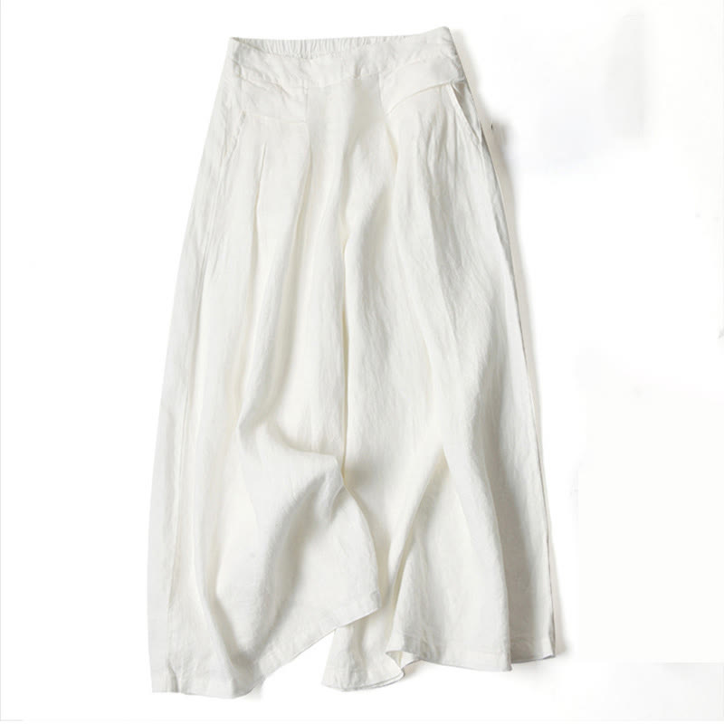 Women's Autumn Wide-Leg Pants with High Waist, Side Pockets and Elastic Waistband - White