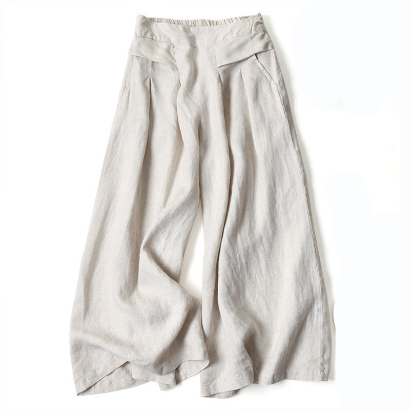 Women's Autumn Wide-Leg Pants with High Waist, Side Pockets and Elastic Waistband - Beige