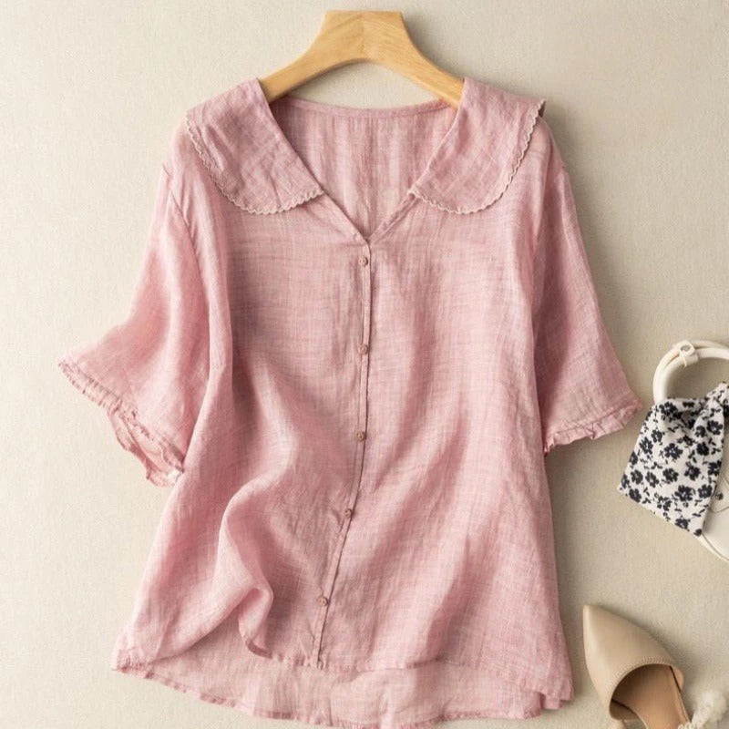 Women's Short-Sleeve Blouse with Wave Collar and Relaxed Fit - Pink