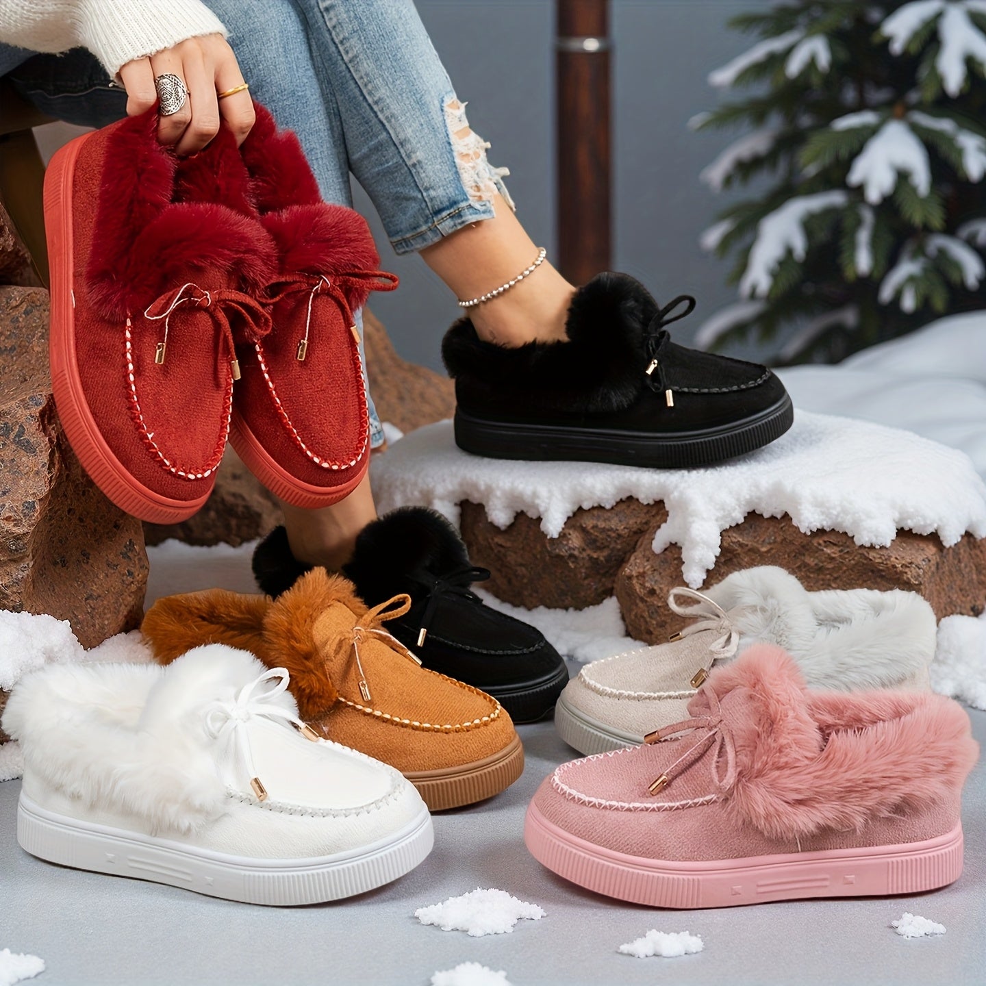 Women Winter Ankle Boots Snow Boots Plush Warm Slip On Women Shoes Flats Plus Size