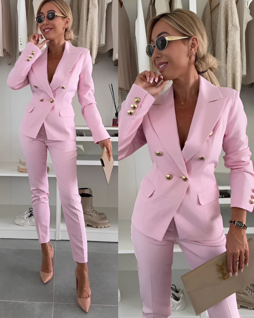 Women's Two-Piece Autumn Suit with Double-Breasted Blazer and Straight-Cut Trousers - Pink