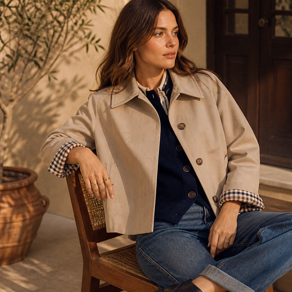 Classic Plaid Trench Coat with Turned-Down Collar | Casual Autumn Coat