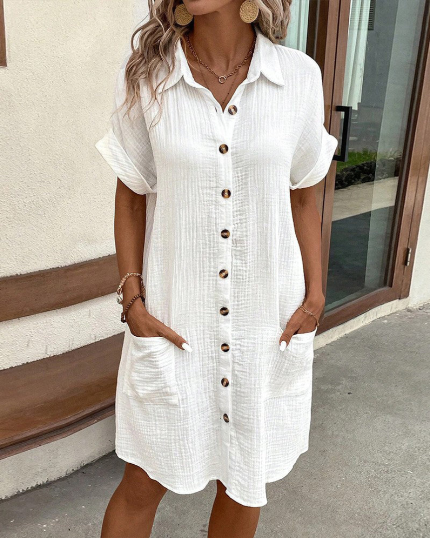 Long-Sleeve Shirt Dress for Women with Button Placket | Perfect for Spring and Summer - White