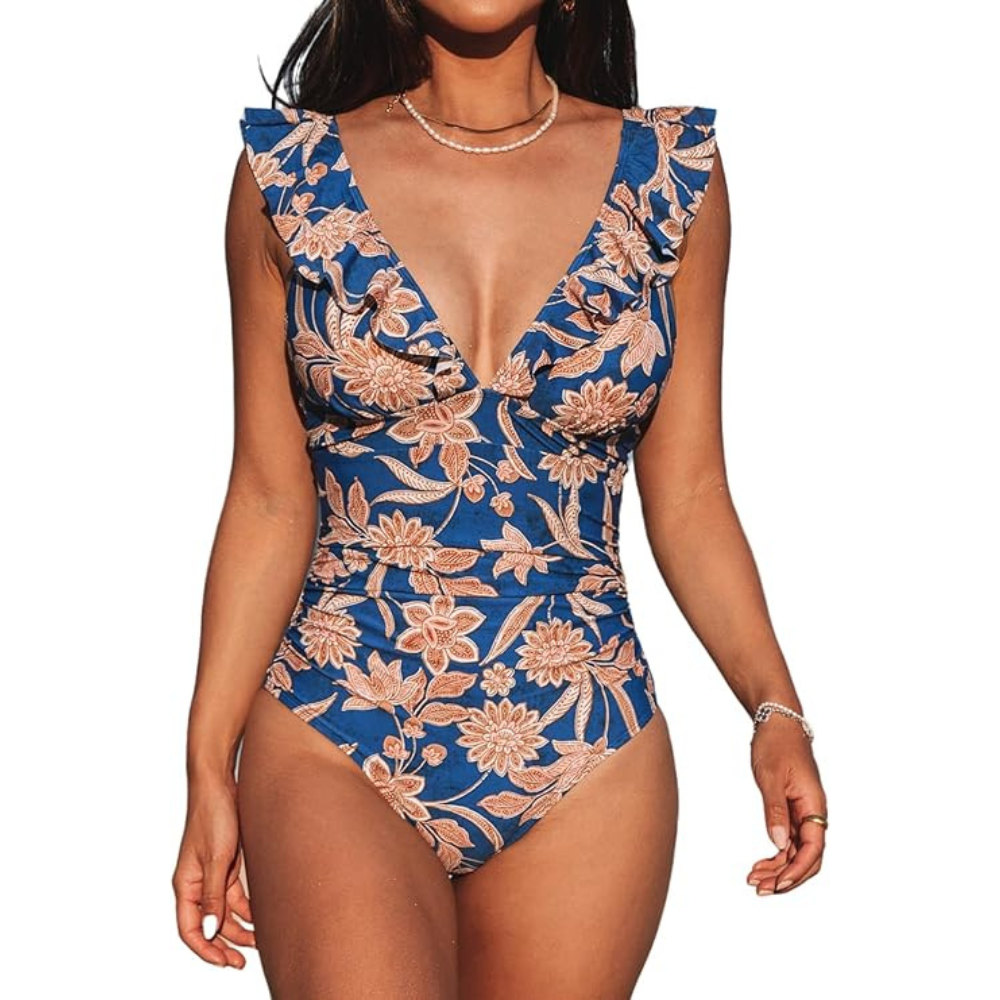 Ruffle V-Neck Swimsuit – Back Lacing for Women
