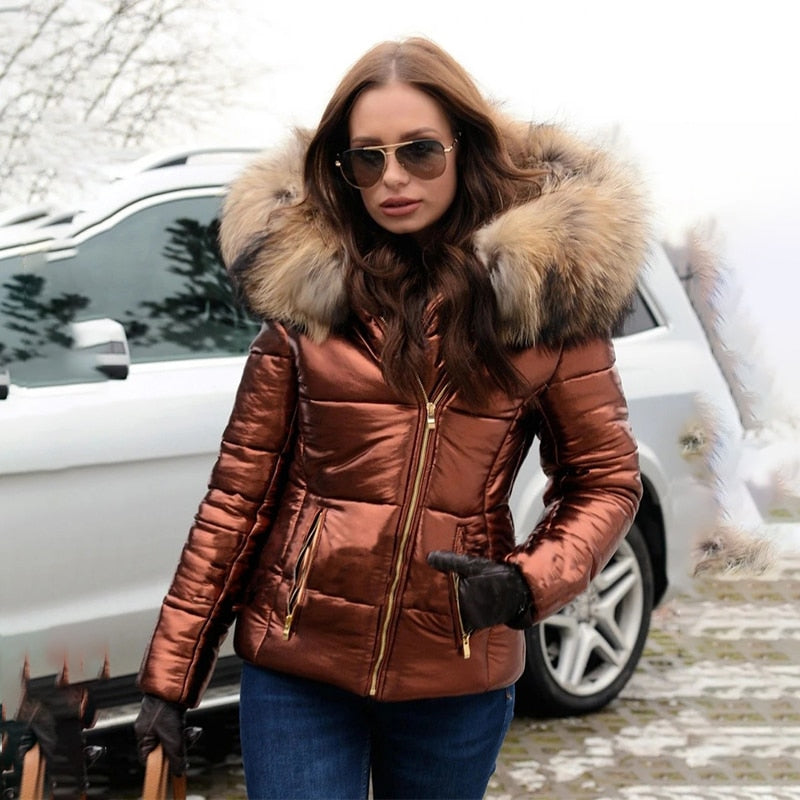 Faux Fur-Lined Winter Hooded Jacket with Zipper and Weather Protection - Brown