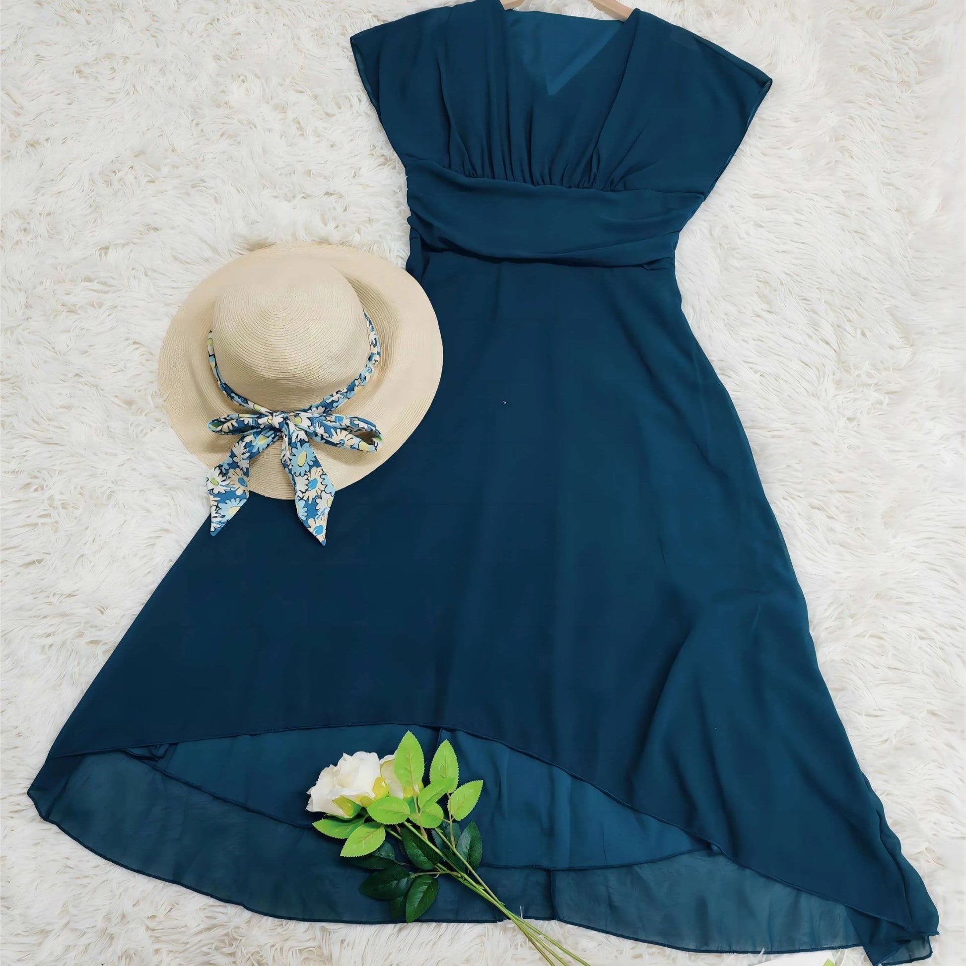 Flowing Midi Dress with Sleeves | Perfect for Spring - Blue