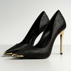 Women's Stiletto Heels, Satin Jacquard, Gold Accent - Black