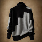 Women's Turtleneck Top with Ribbed Collar and Geometric Motif - Gray