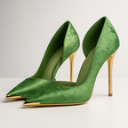 Women's Stiletto Heels, Satin Jacquard, Gold Accent - Green