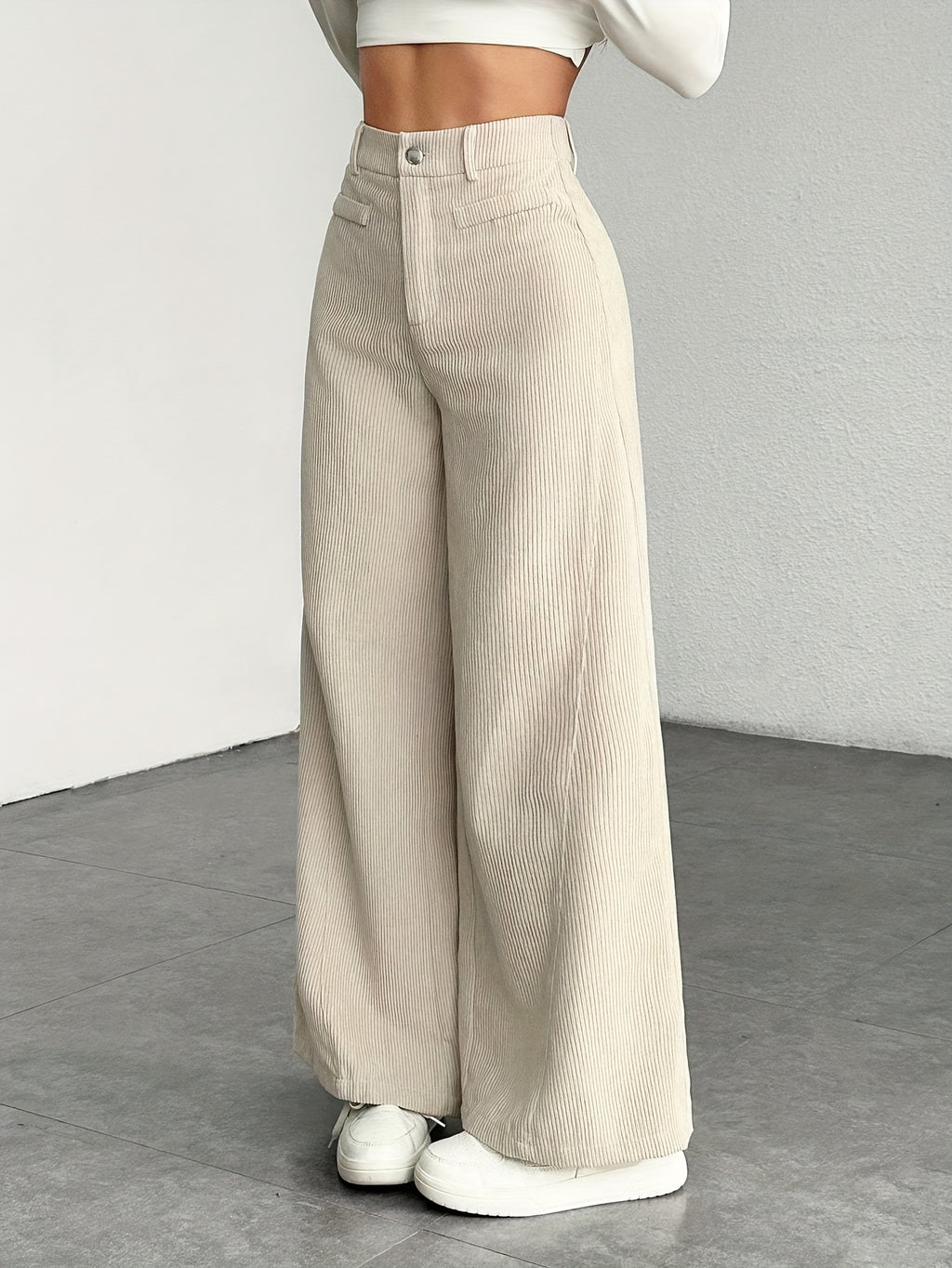 Women's High Waisted Wide Leg Pants Corduroy Textured Casual Washable Trousers