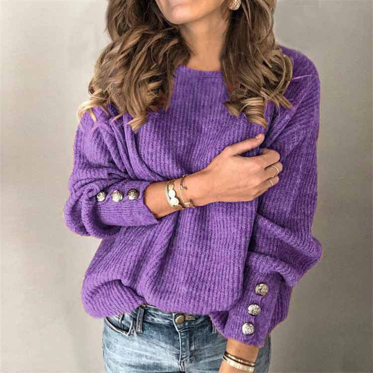 Women's Long-Sleeve Sweater with Button Details on the Sleeves - Purple