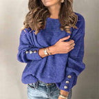 Women's Long-Sleeve Sweater with Button Details on the Sleeves - Blue