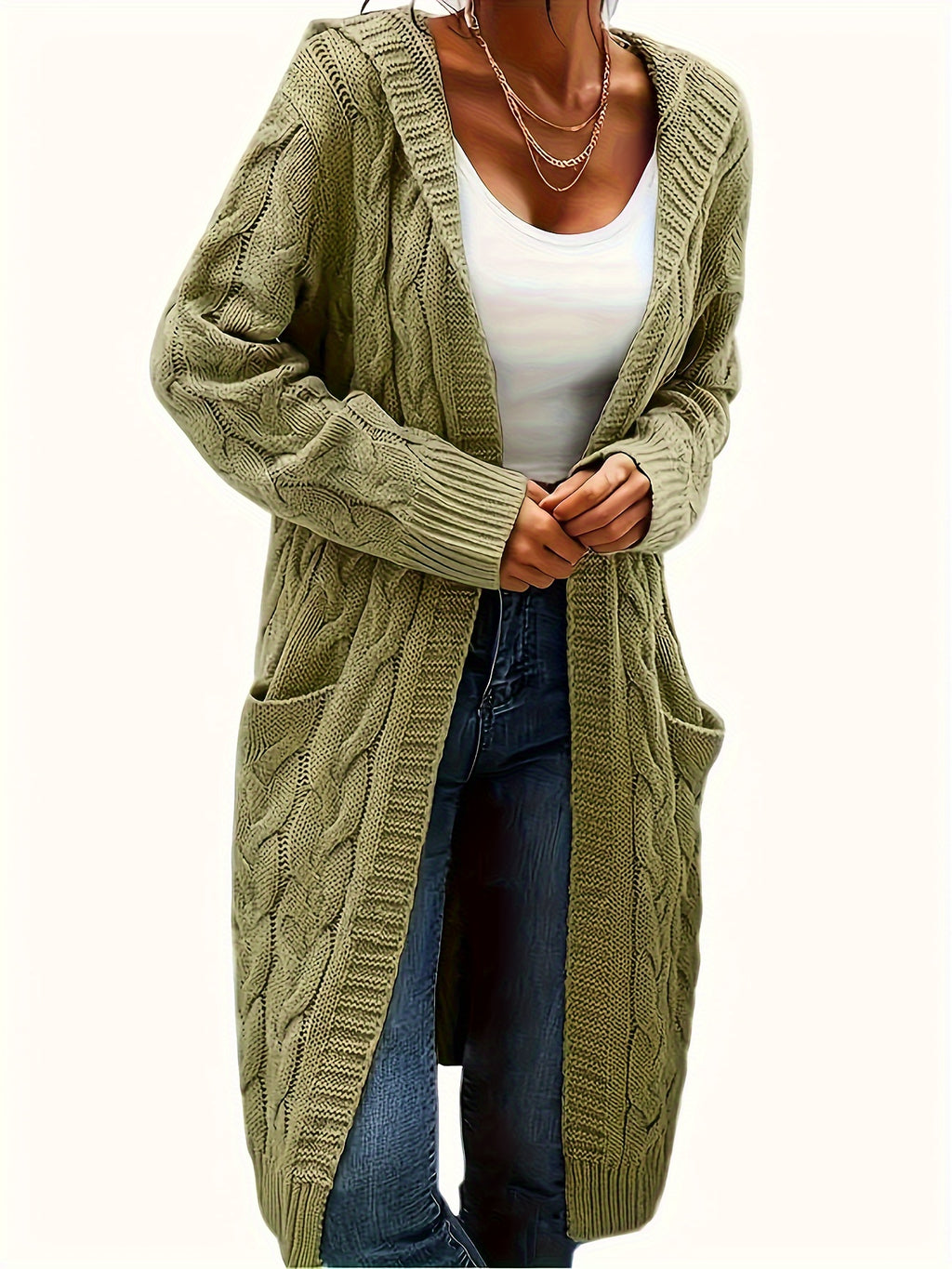 Plus Size, Women's Mid Length Hooded Cardigan with Button-Detail Pockets