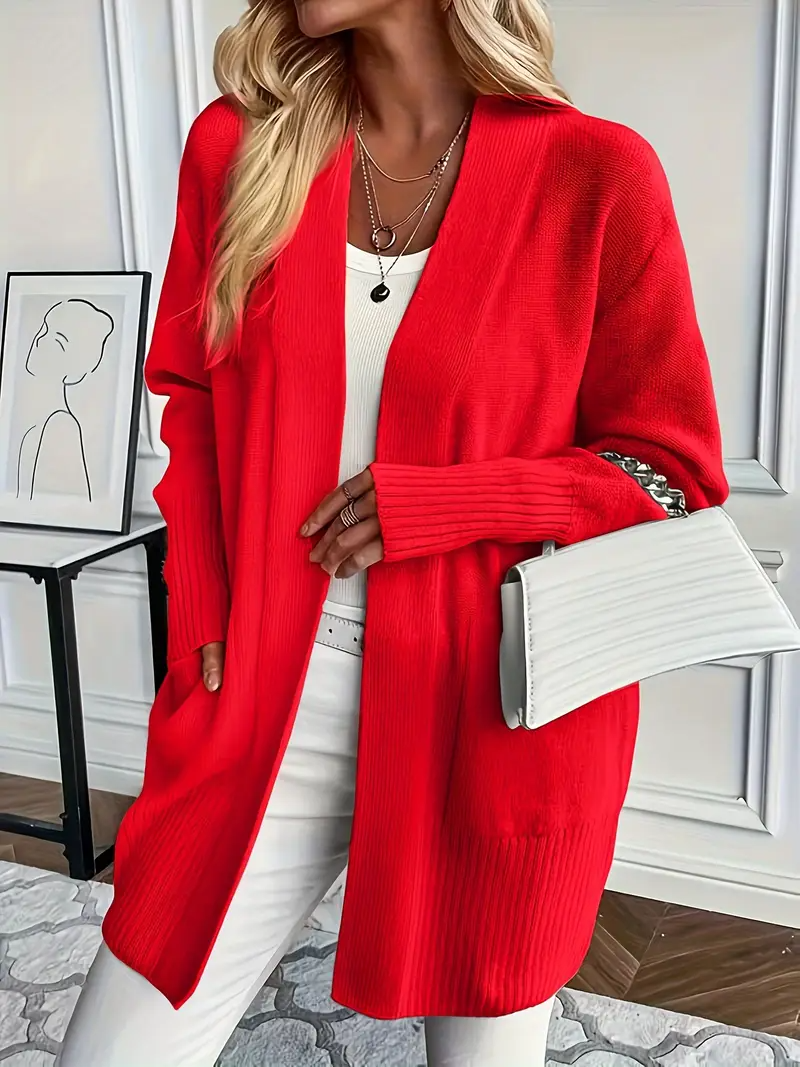 Women's Knit Sweater with Crew Neck and Relaxed Fit - Red