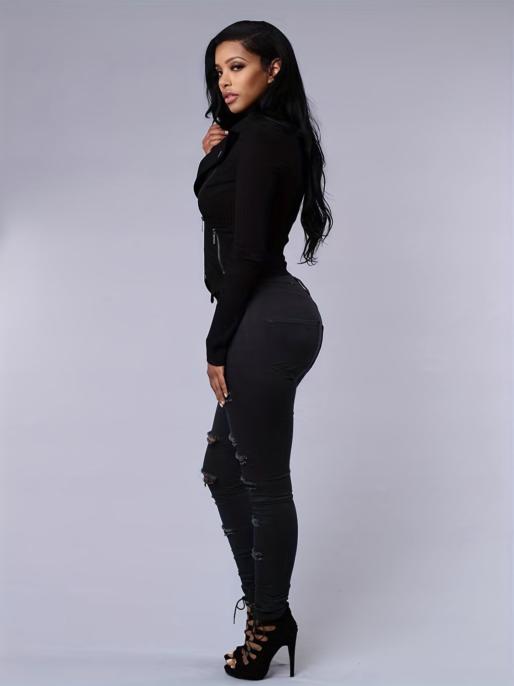 Ripped High Strech Distressed Jeans Solid Color | Women's Slim Fit Denim Pants