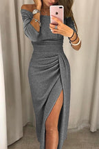 Off-Shoulder Midi Dress with Slit for Women | Perfect for Autumn - Gray