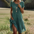 Vintage A-Line Summer Dress with Button Placket, V-Neck and Short Sleeves - Green