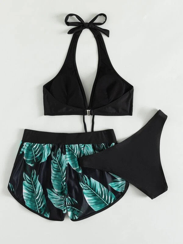 Women's Bikini Set with Matching Shorts and Quick-Dry Fabric for Summer - Blue Green