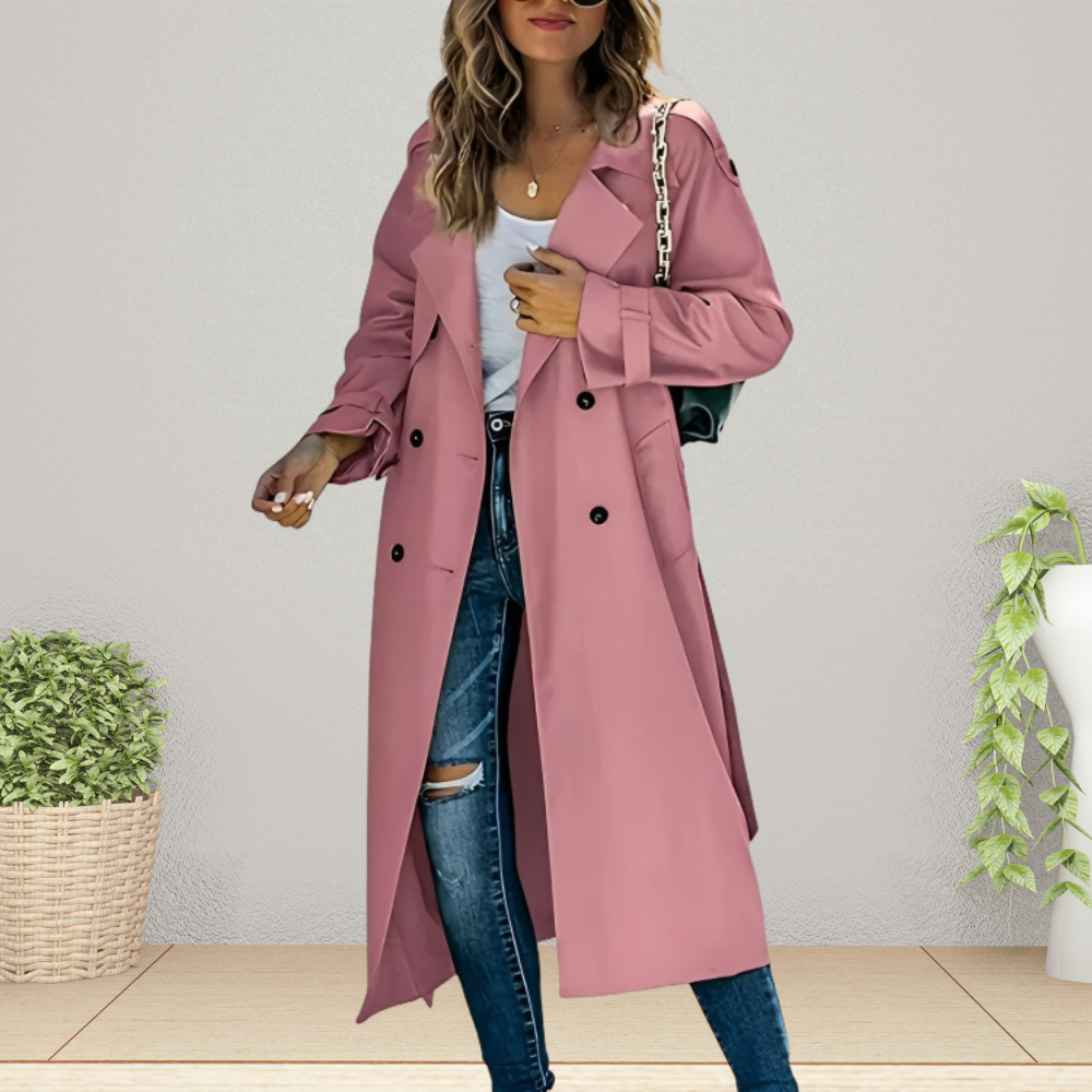 Women's Spring Trench Coat, Double-Breasted, Mid-Length - Pink