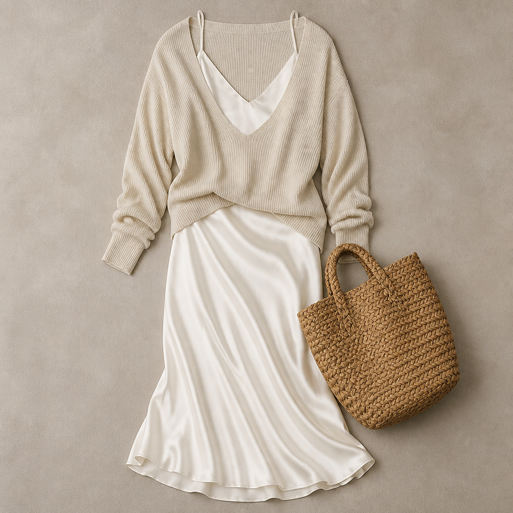 Satin Midi Dress with a Cozy Sweater Combination | Elegant Outfit