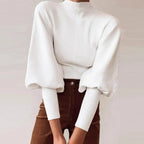 Long-Sleeve Sweater with Puff Shoulder and Timeless Silhouette | Perfect for Cool Autumn Days - White
