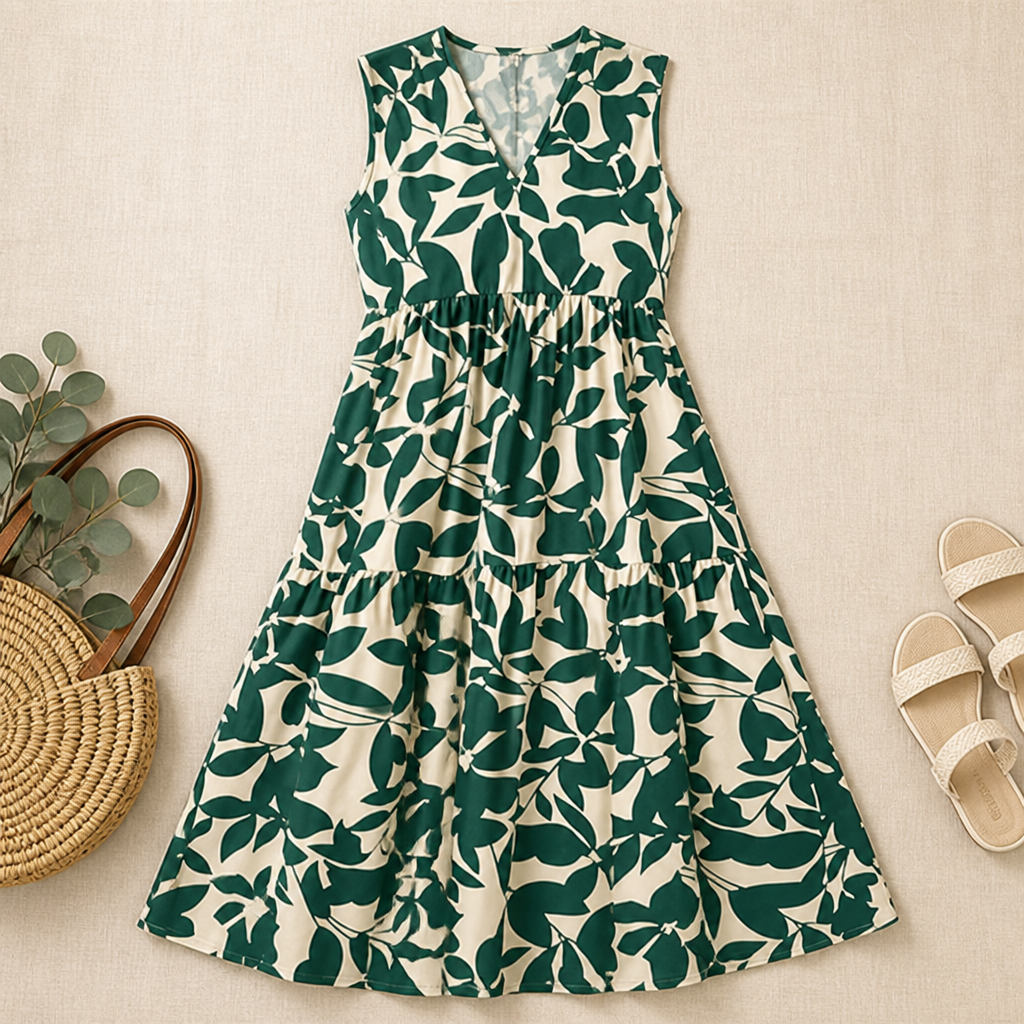 Women's summer dress, A-line, floral pattern, V-neck, sleeveless | Casual Beach Vacation Dress