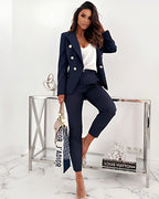 Women's Two-Piece Autumn Suit with Double-Breasted Blazer and Straight-Cut Trousers - Navy