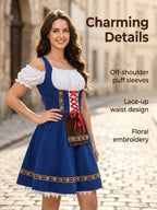 Women'S Bavarian Traditional Dress German Blue Tie-Side Off Shoulder