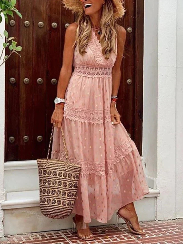 Long Lace Dress with Elegant Details | Perfect for Summer - Pink