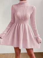 High Neck Pink Mini Sweater Dress , Sweater Dress for Women