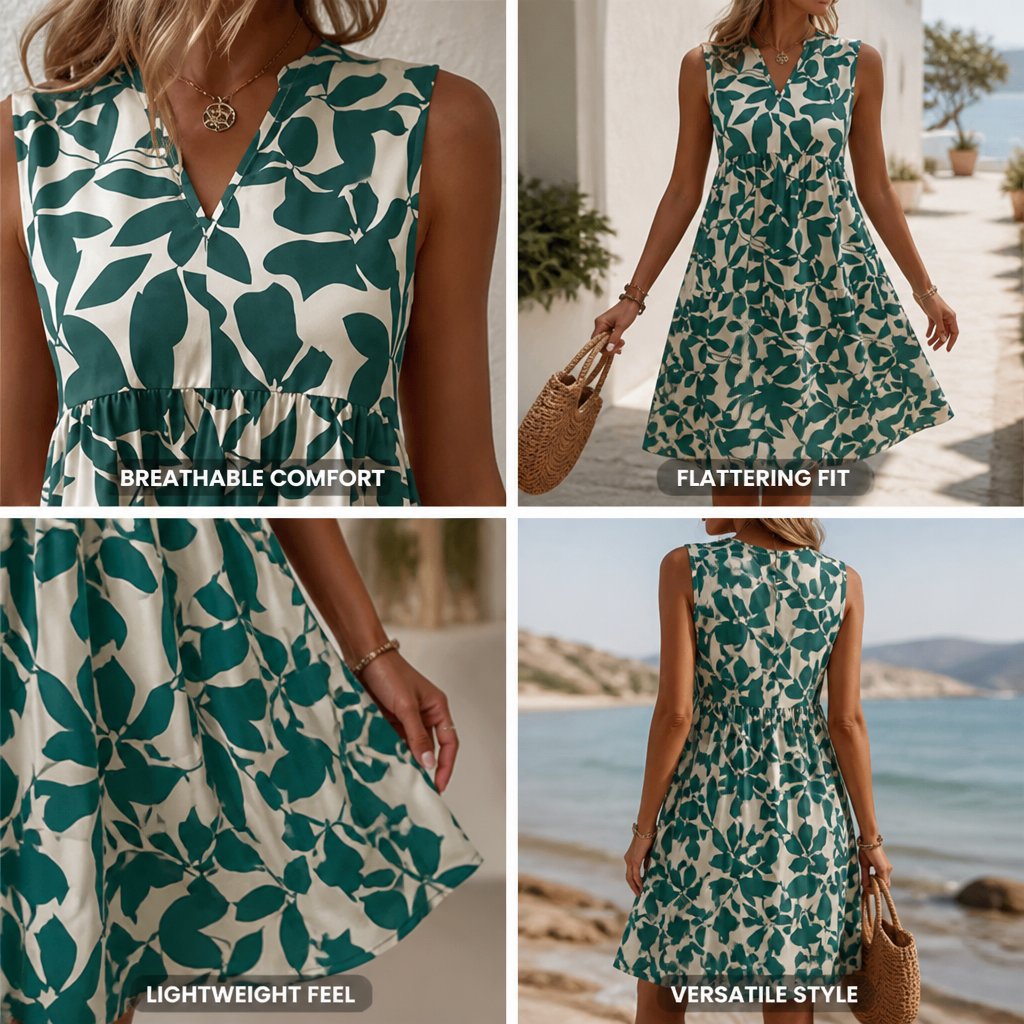 Women's summer dress, A-line, floral pattern, V-neck, sleeveless | Casual Beach Vacation Dress