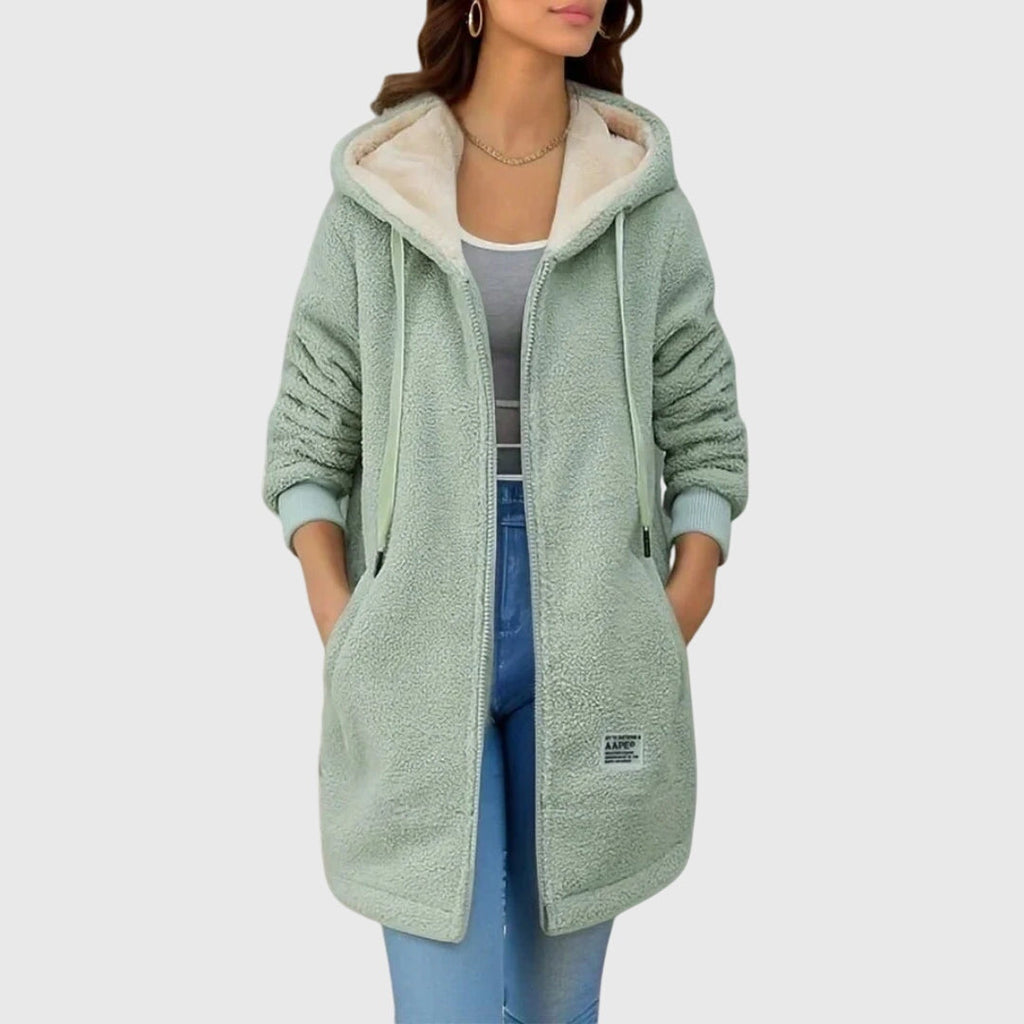 Women's Winter Fleece Jacket with Hood and Front Zipper - Green
