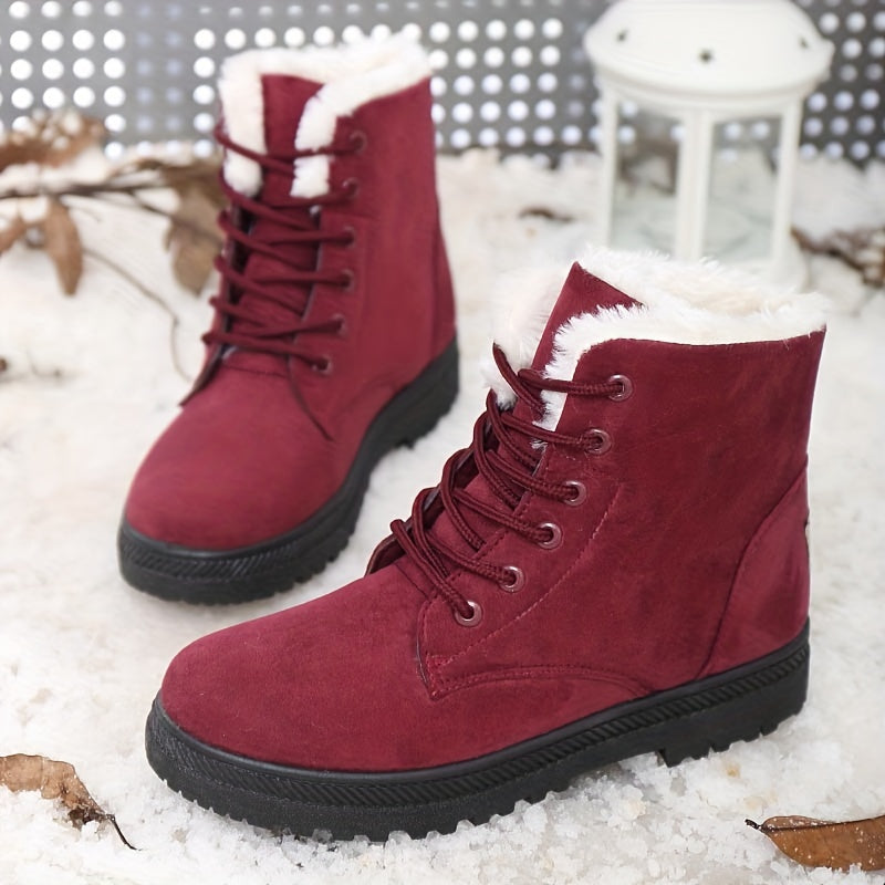 Women's Round Toe Lace Up Snow Boots, Inner Thermal Ankle Boots