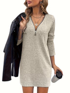 Solid Color Ribbed Dress Long Sleeve Bodycon Sweater Dress