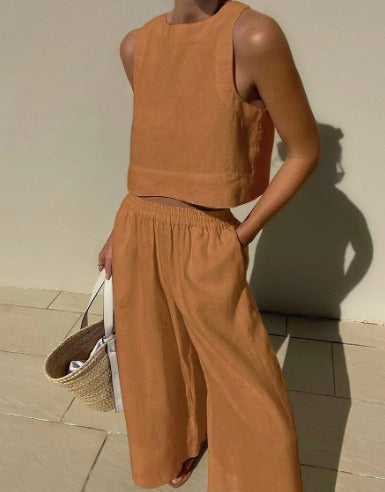 Two-Piece Sleeveless Set with Pants | Perfect for Summer - Brown