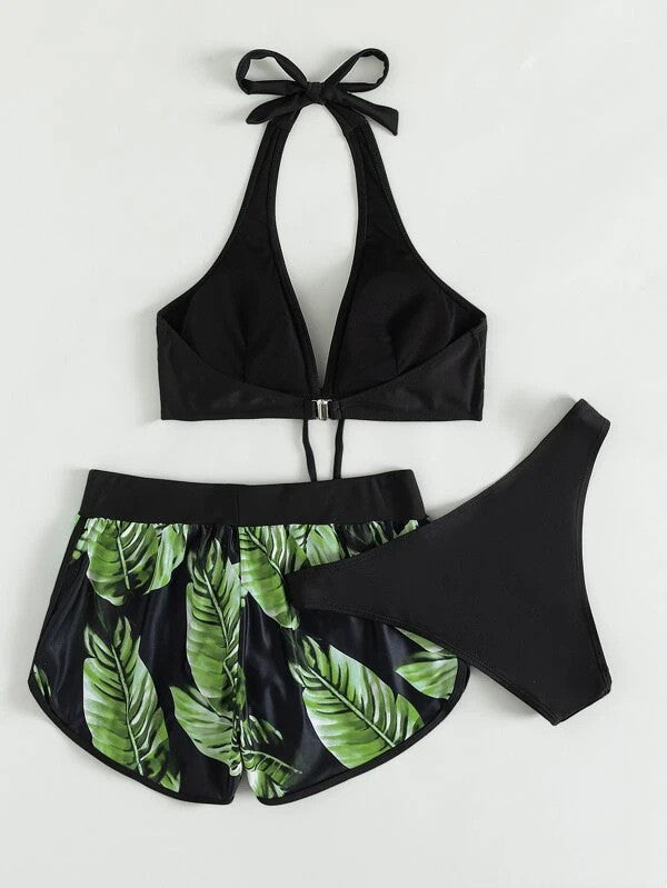 Women's Bikini Set with Matching Shorts and Quick-Dry Fabric for Summer - Light Green