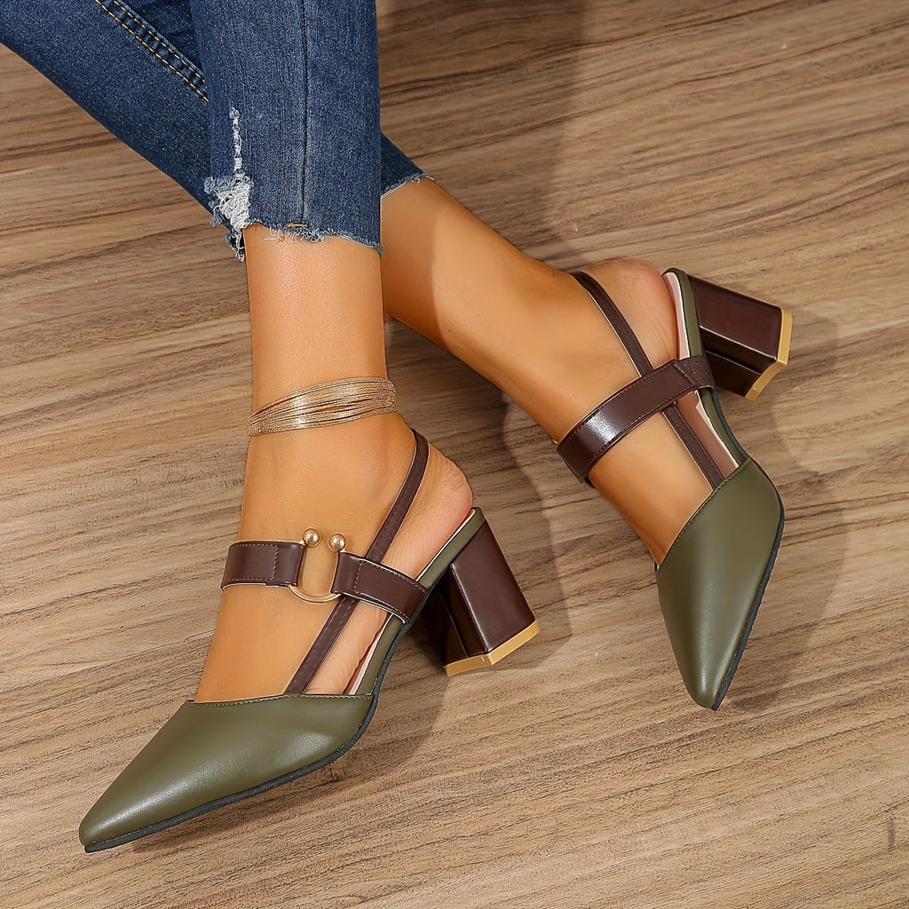 Women's Slingback Heels, Pointed Toe, Block Heel, Buckle - Olive Green