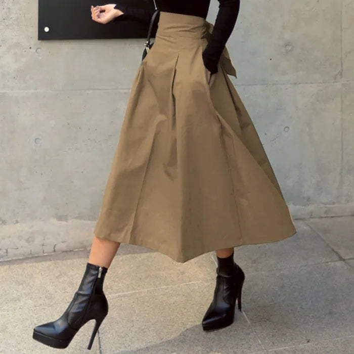 Elegant Pleated Midi Skirt with High Waist | Perfect for Autumn - Khaki