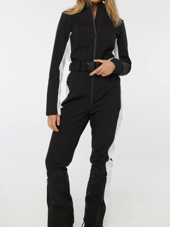 Women's Winter Ski Suit with Zipper and High-Waist Pants - Black