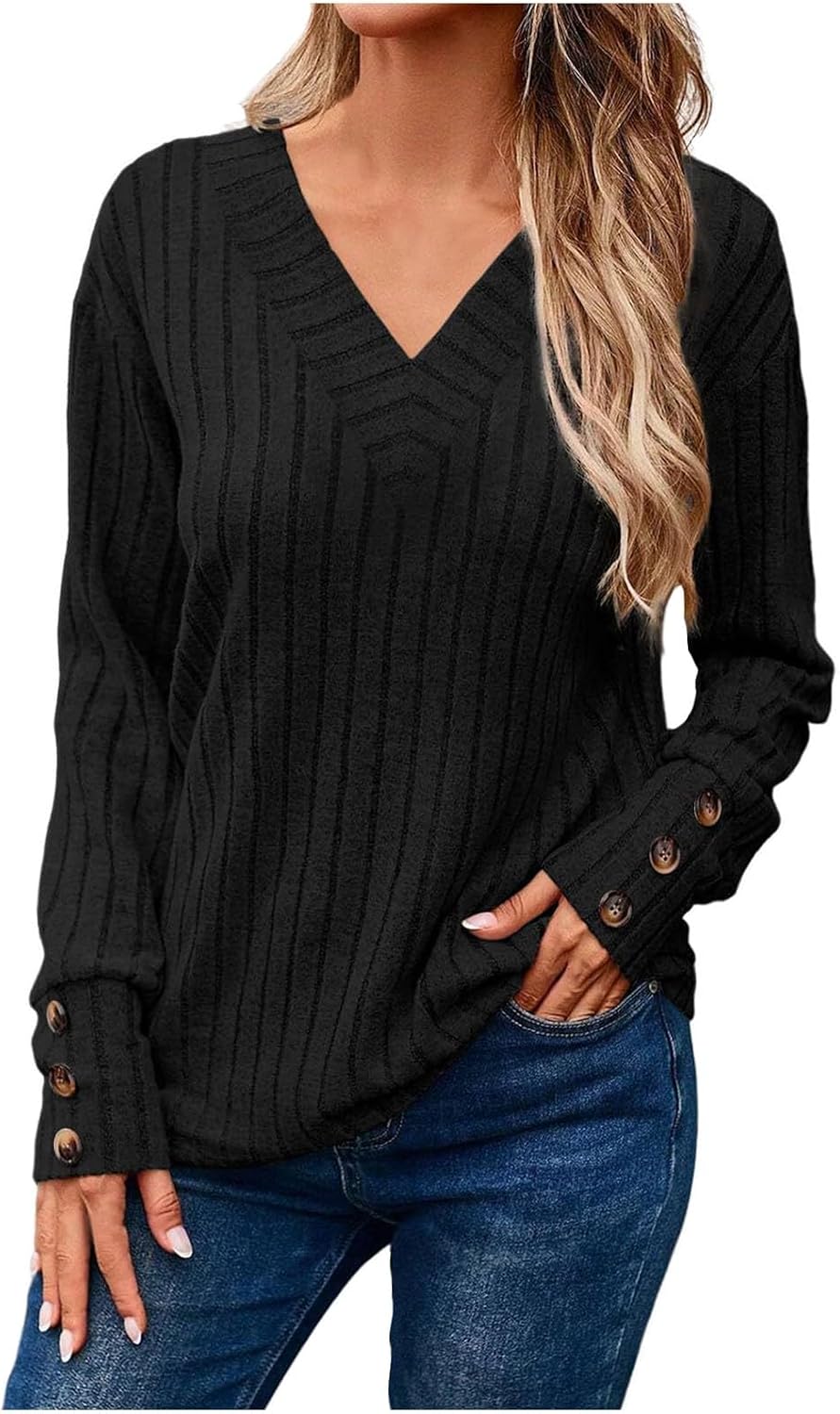 Women's Cozy Autumn Winter V Neck Button Down Long Sleeve Tee