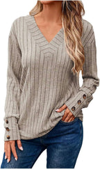 Women's Cozy Autumn Winter V Neck Button Down Long Sleeve Tee