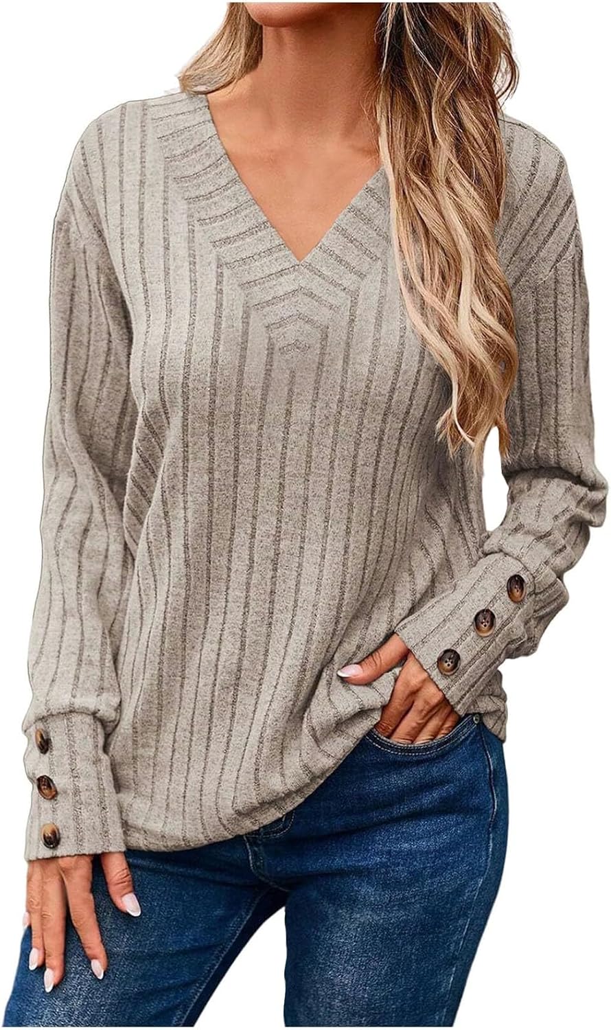 Women's Cozy Autumn Winter V Neck Button Down Long Sleeve Tee